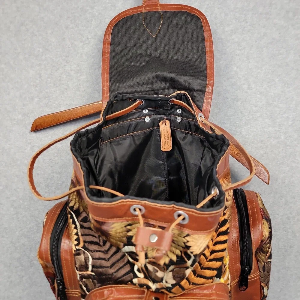 Handmade Guatemalan Leather and Embroidery Cotton Boho Backpack Artisan Floral